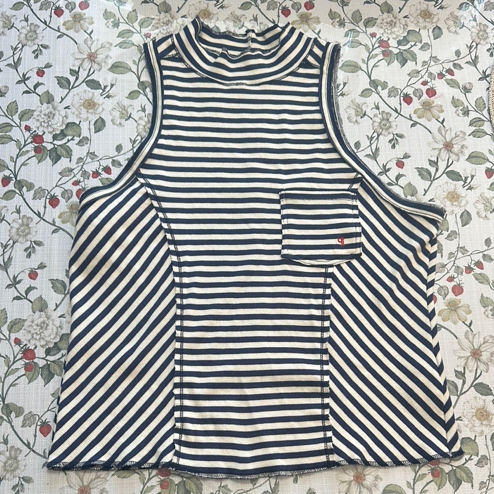 Pilcro Striped Sleeveless tank Top Navy and White mock neck cotton blend size XL